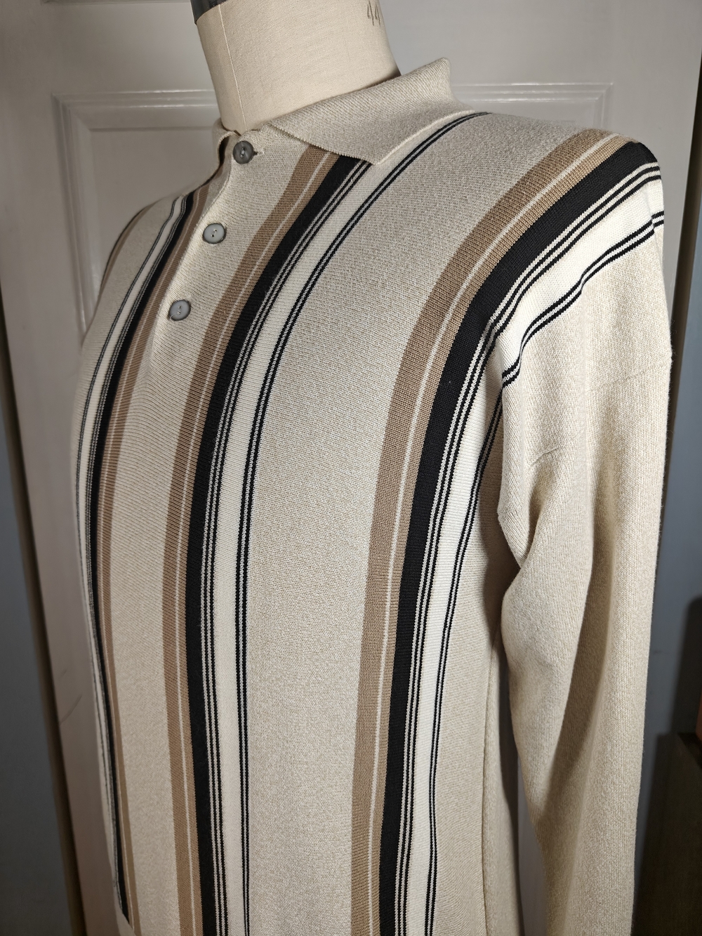 John Ashford Cream, Tan & Black Vertical Stripe Polo Sweater Long Sleeve